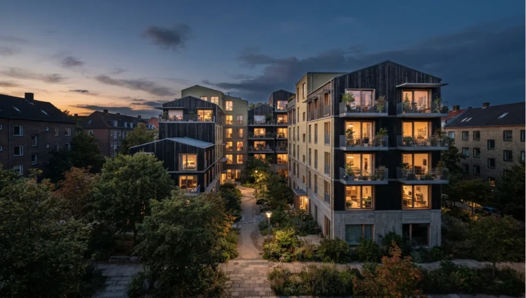 Projected 2030 view of district-scale twilight establishing shot from What Is a Passive House? Criteria & Certification, a Nuvira Space concept study. Wide twilight architectural view. Materials in view include the project's principal cladding and structural surfaces.