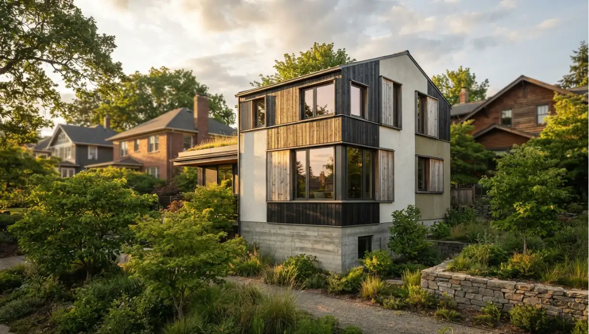 Summary view of passive-house envelope on a real project, golden hour, material texture from What Is a Passive House? Criteria & Certification, a Nuvira Space concept study. Architectural photograph. Materials in view include the project's principal cladding and structural surfaces.