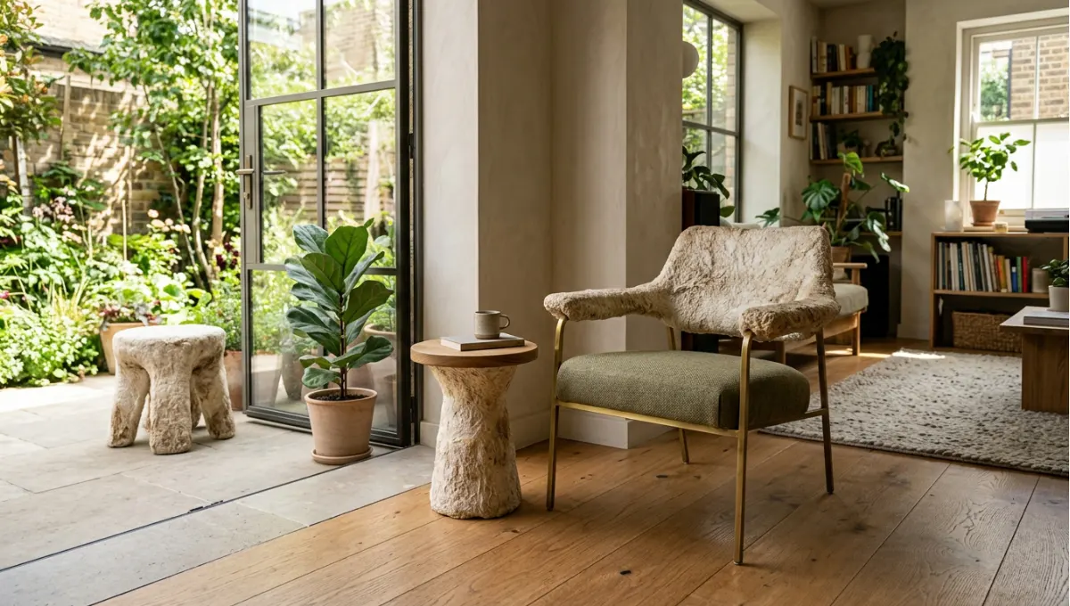 Summary view of Mycelium Furniture: 7 Stunning Bio-Fabricated Designs from Mycelium Furniture, a Nuvira Space concept study. Architectural photograph. Materials in view include oiled oak, lime plaster, wool textile, brushed brass, honed stone.