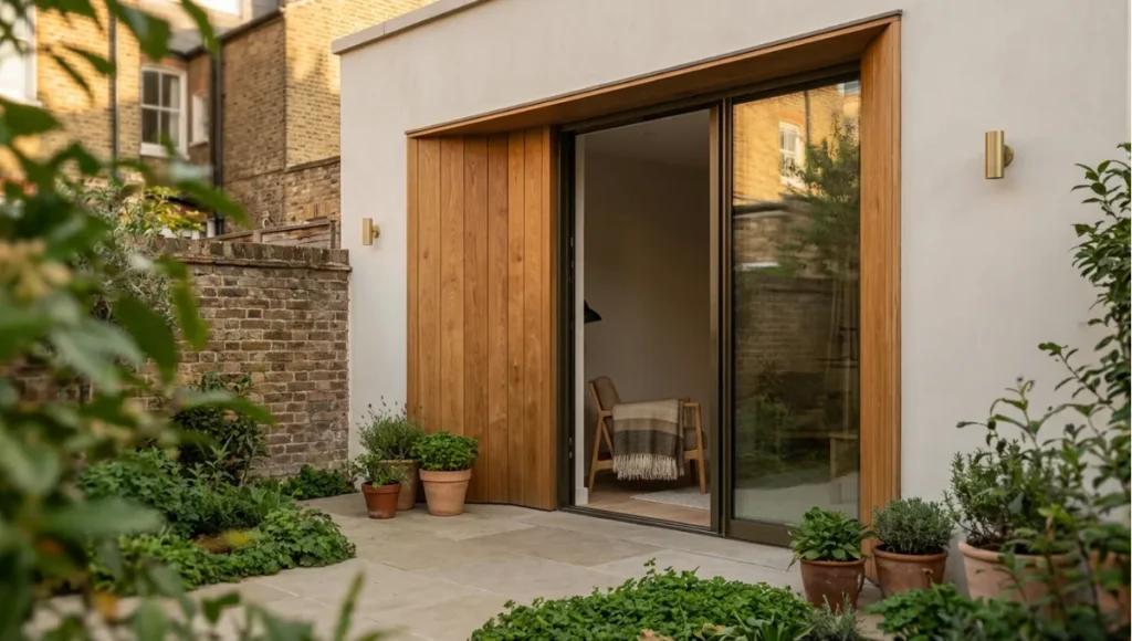 Exterior view of converted garage studio exterior, soft morning light from Garage Conversion Studio Space, a Nuvira Space concept study. Tilt-shift architectural photograph in low golden-hour light. Materials in view include the project's principal cladding and structural surfaces.