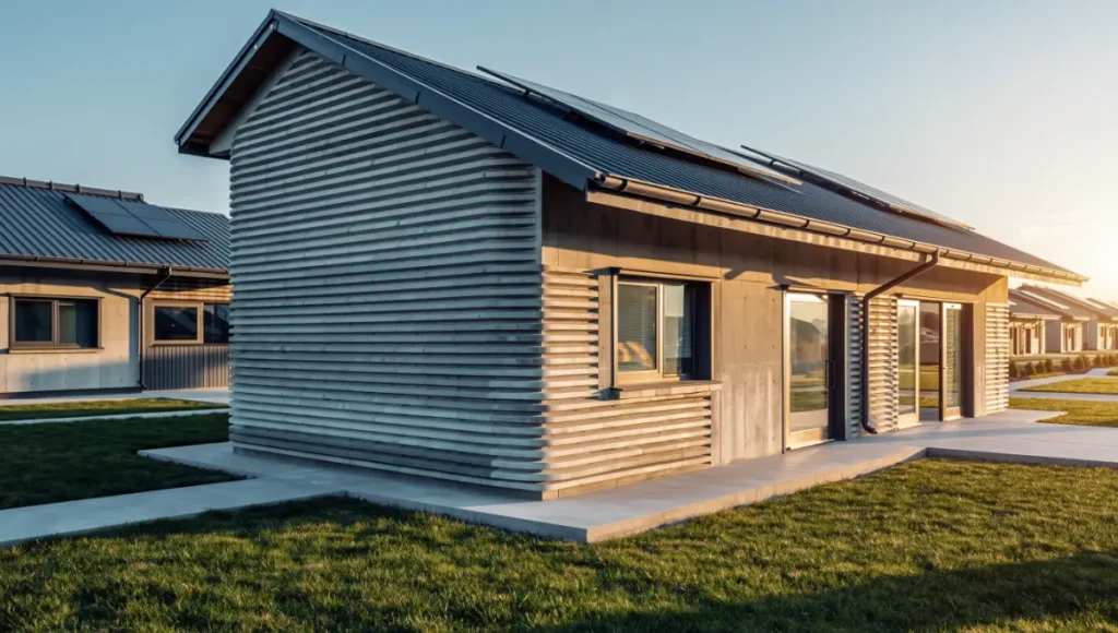 Ultra-realistic architectural photograph of a modern 3D-printed single-story home at Wolf Ranch, Georgetown, Texas, featuring layered Lavacrete concrete walls, integrated solar panels, and parametric design elements during golden hour sunset; showcasing innovative robotic construction in suburban neighborhoods.