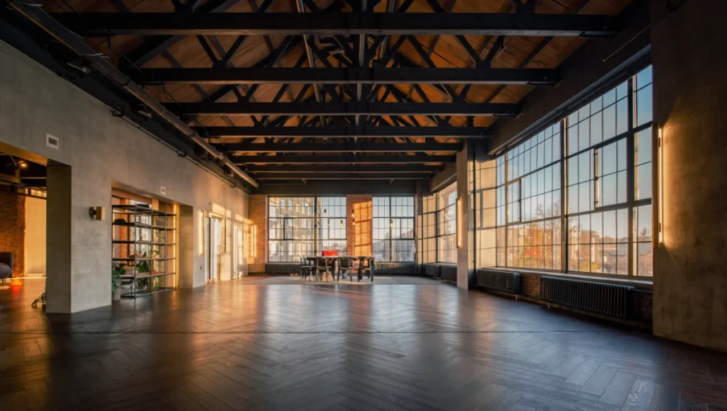 Ultra-realistic 24mm tilt-shift architectural photograph of Nuvira Space Heliospheric Loft in Rotterdam, featuring matte lime-washed walls, raw oak beams, golden hour natural light blended with dynamic circadian cove lighting, high-CRI wellness-focused interior design emphasizing neuro-architecture and biological synchronization.