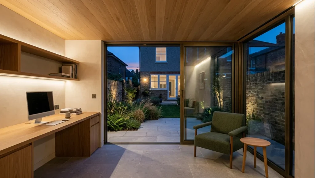 Projected 2030 view of 2030+ flexible-use secondary structure from Garage Conversion Studio Space, a Nuvira Space concept study. Wide twilight architectural view. Materials in view include the project's principal cladding and structural surfaces.