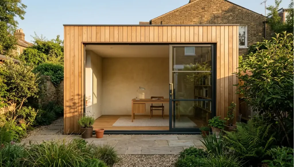 Nuvira Space concept view of converted garage studio exterior, soft morning light from Garage Conversion Studio Space. Tilt-shift architectural photograph in low golden-hour light. Materials in view include the project's principal cladding and structural surfaces.