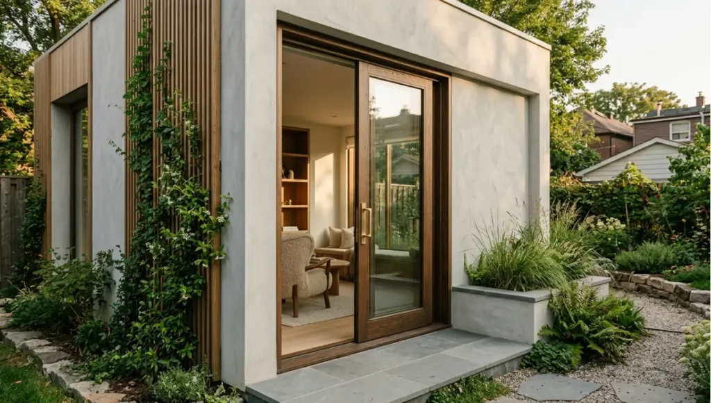 Exterior view of speculative Living Spaces exterior, soft morning light, biophilic façade and threshold from What Is an ADU? Types, Rules & First Decisions, a Nuvira Space concept study. Tilt-shift architectural photograph in low golden-hour light. Materials in view include the project's principal cladding and structural surfaces.