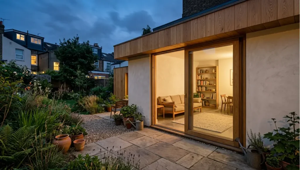 Projected 2030 view of 2030+ residential-scale adaptive dwelling from What Is an ADU? Types, Rules & First Decisions, a Nuvira Space concept study. Wide twilight architectural view. Materials in view include the project's principal cladding and structural surfaces.