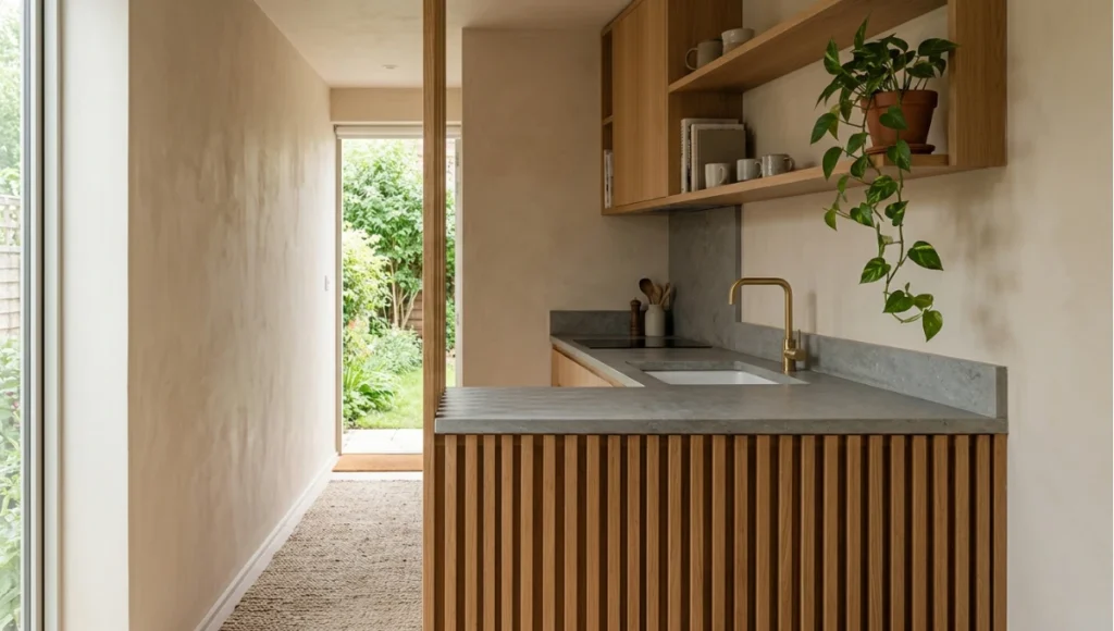 View of compact wet core and separation detail from ADU Cost Guide 2026, a Nuvira Space concept study. Architectural photograph. Materials in view include oiled oak, lime plaster, wool textile, brushed brass, honed stone.