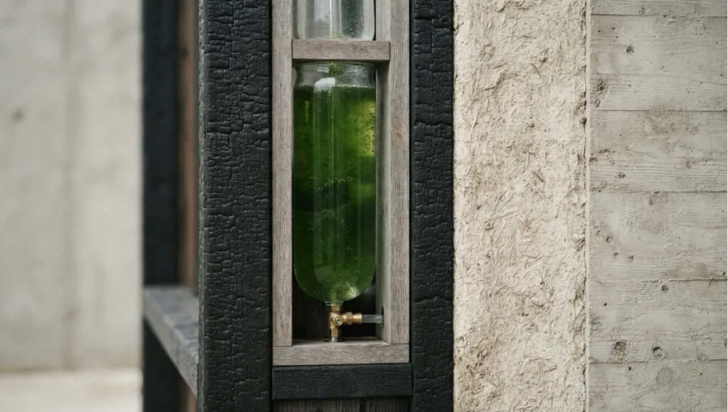Detail view of the culture cavity from 6 Algae Bio-Curtains Revolutionizing Modern Glass Facades, a Nuvira Space concept study. Architectural detail photographed in diffuse light. Materials in view include the project's principal cladding and structural surfaces.