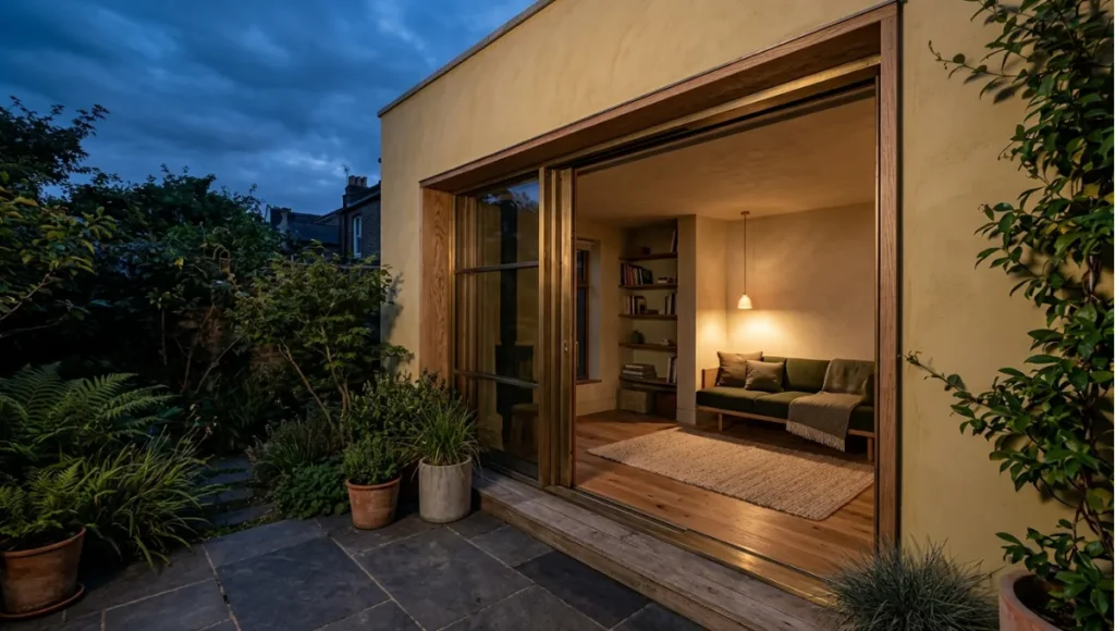 Projected 2030 view of 2030+ residential-scale adaptive dwelling from ADU Cost Guide 2026, a Nuvira Space concept study. Wide twilight architectural view. Materials in view include oiled oak, lime plaster, wool textile, brushed brass, honed stone.