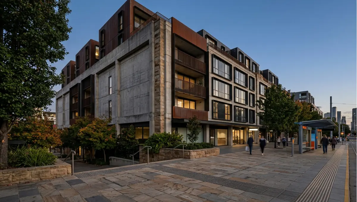 Summary view of converted mall exterior at dusk with housing visible in the former anchor store from 12 Iconic Mall Adaptive Reuse Housing Projects Reimagined, a Nuvira Space concept study. Architectural photograph. Materials in view include the project's principal cladding and structural surfaces.