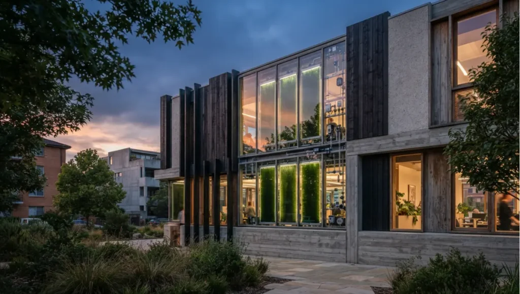 Projected 2030 view of facade system in operation with instrumentation visible from 6 Algae Bio-Curtains Revolutionizing Modern Glass Facades, a Nuvira Space concept study. Wide twilight architectural view. Materials in view include the project's principal cladding and structural surfaces.