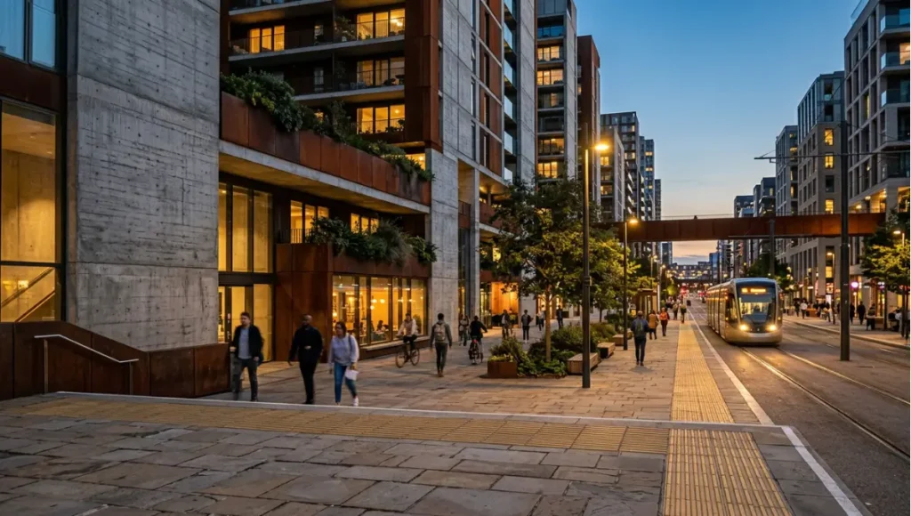 Projected 2030 view of 2030+ district-scale twilight shot from What Is a Smart City? Definition, Domains & Examples, a Nuvira Space concept study. Wide twilight architectural view. Materials in view include the project's principal cladding and structural surfaces.