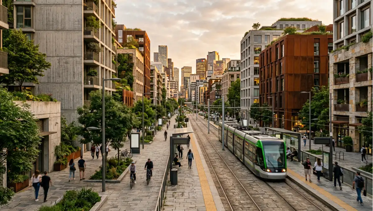 Summary view of district establishing shot, golden hour, transit spine with mixed-use density and green infrastructure from What Is a Smart City? Definition, Domains & Examples, a Nuvira Space concept study. Architectural photograph. Materials in view include the project's principal cladding and structural surfaces.