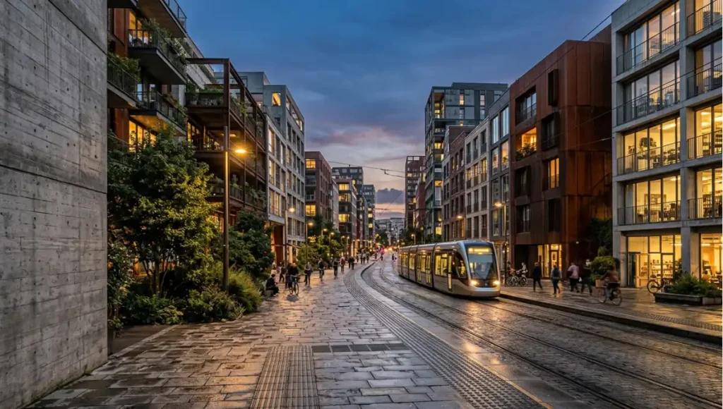 Projected 2030 view of 2030+ district-scale twilight shot from What Is Adaptive Reuse? Definition, Types & Examples, a Nuvira Space concept study. Wide twilight architectural view. Materials in view include the project's principal cladding and structural surfaces.