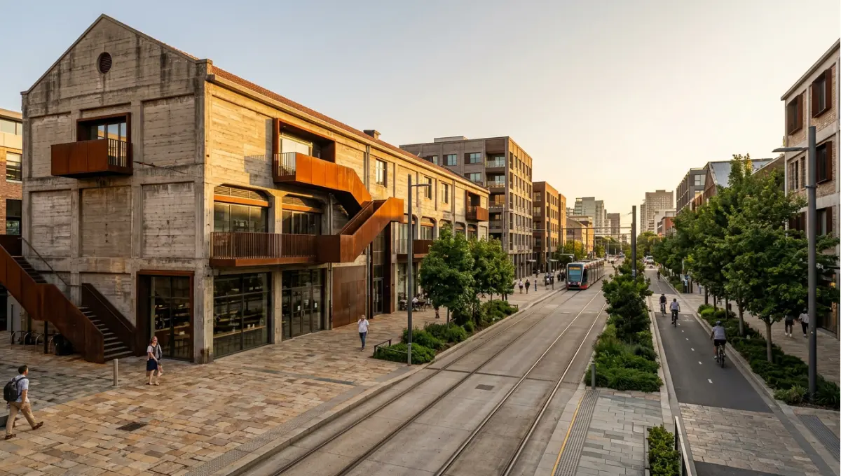 Summary view of speculative district establishing shot, golden hour, transit spine and mixed-use density from What Is Adaptive Reuse? Definition, Types & Examples, a Nuvira Space concept study. Architectural photograph. Materials in view include the project's principal cladding and structural surfaces.