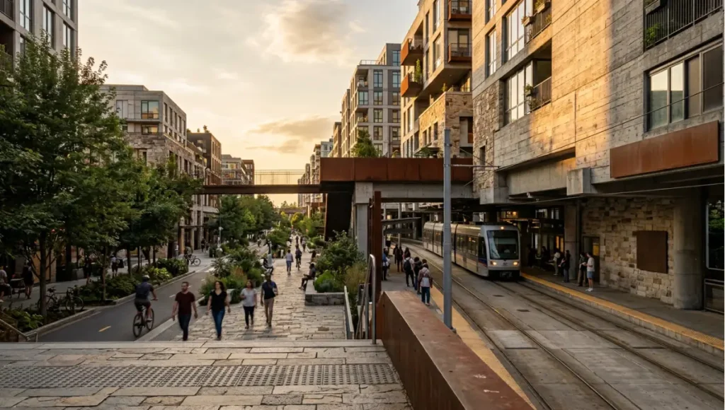 Exterior view of corridor establishing shot at golden hour, transit spine with mixed-use density from Transit-Oriented Development, a Nuvira Space concept study. Tilt-shift architectural photograph in low golden-hour light. Materials in view include the project's principal cladding and structural surfaces.