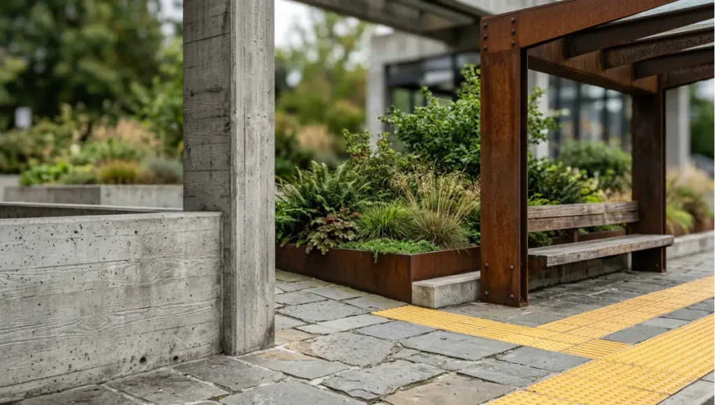 Detail view of street-level station forecourt or resilient street detail, 35mm from Transit-Oriented Development, a Nuvira Space concept study. Architectural detail photographed in diffuse light. Materials in view include the project's principal cladding and structural surfaces.