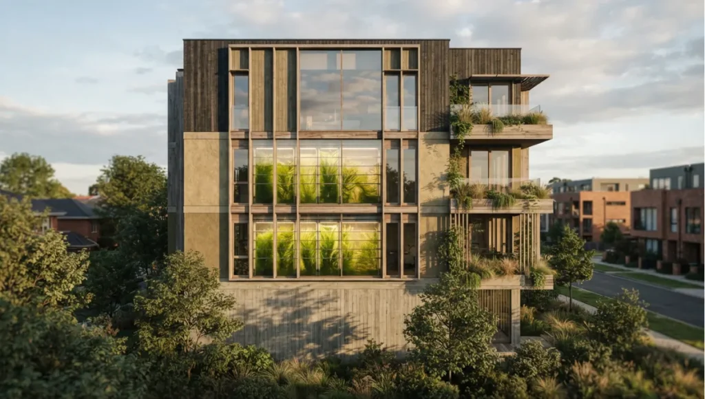 Nuvira Space concept view of photobioreactor panels with visible culture on a facade from 6 Algae Bio-Curtains Revolutionizing Modern Glass Facades. Tilt-shift architectural photograph in low golden-hour light. Materials in view include the project's principal cladding and structural surfaces.