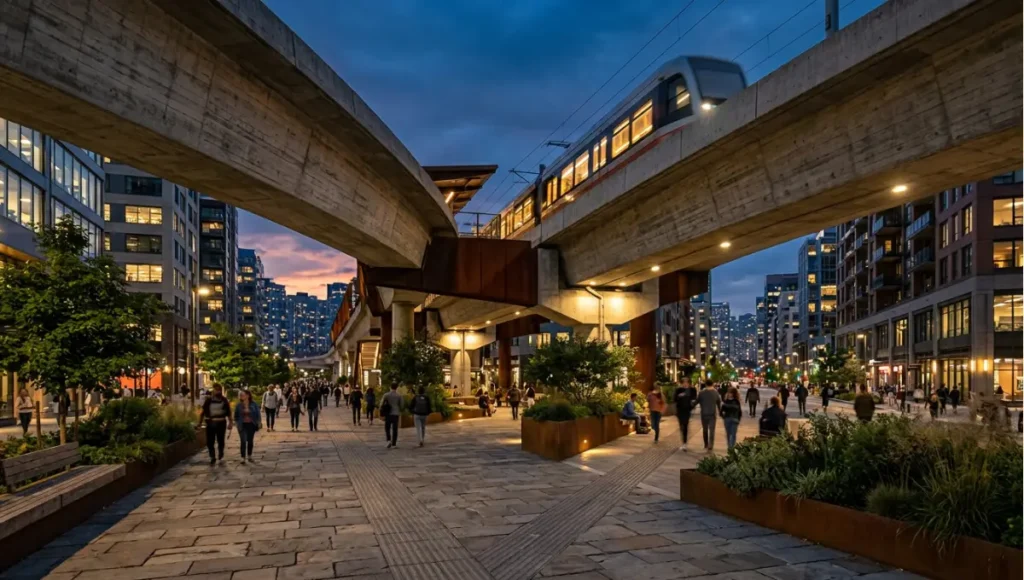 Projected 2030 view of 2030+ corridor-scale twilight shot from Transit-Oriented Development, a Nuvira Space concept study. Wide twilight architectural view. Materials in view include the project's principal cladding and structural surfaces.