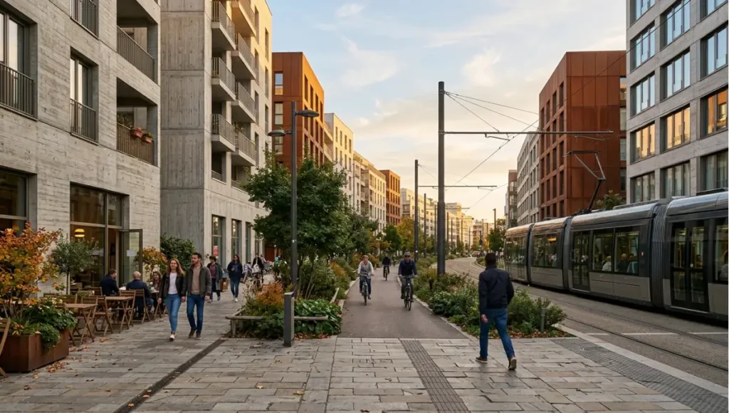 Nuvira Space concept view of corridor establishing shot at golden hour, transit spine with mixed-use density from Transit-Oriented Development. Tilt-shift architectural photograph in low golden-hour light. Materials in view include the project's principal cladding and structural surfaces.