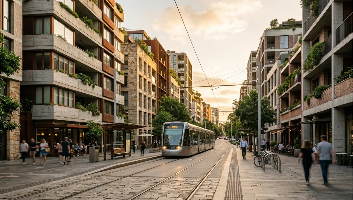 Summary view of corridor establishing shot at golden hour, transit spine with mixed-use density from Transit-Oriented Development, a Nuvira Space concept study. Architectural photograph. Materials in view include the project's principal cladding and structural surfaces.