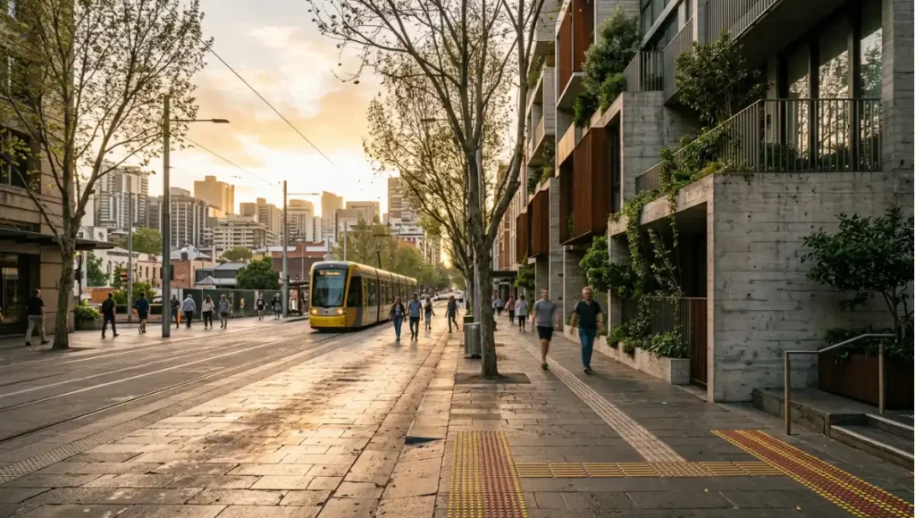 Exterior view of street-level heat scene, late afternoon, reflective paving and sparse canopy from Urban Heat Island, a Nuvira Space concept study. Tilt-shift architectural photograph in low golden-hour light. Materials in view include the project's principal cladding and structural surfaces.