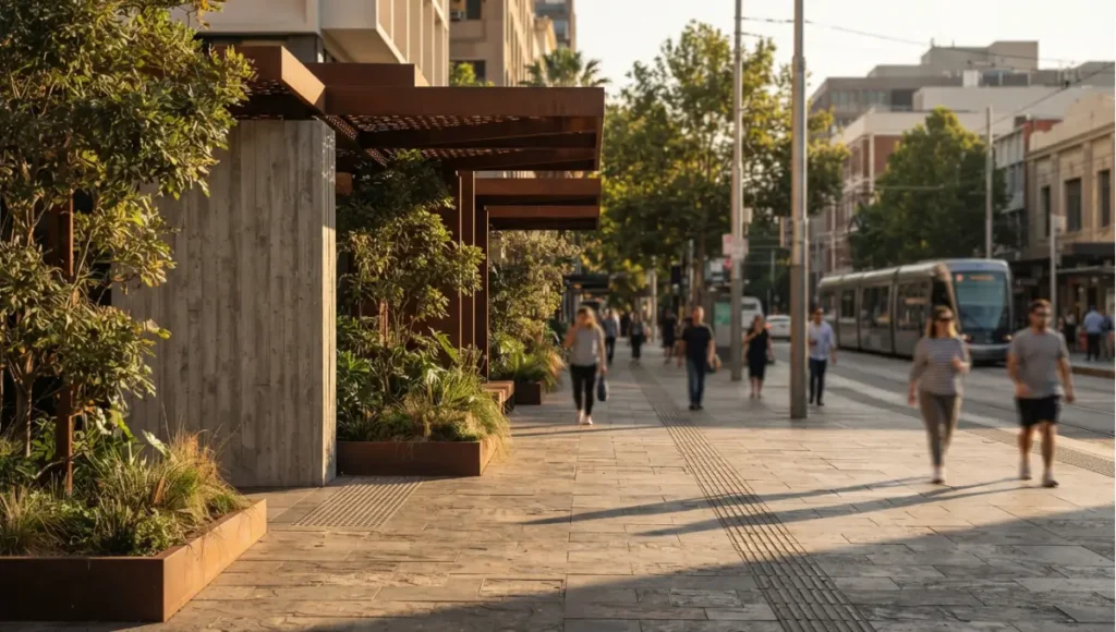 Nuvira Space concept view of street-level heat scene, late afternoon, reflective paving and sparse canopy from Urban Heat Island. Tilt-shift architectural photograph in low golden-hour light. Materials in view include the project's principal cladding and structural surfaces.
