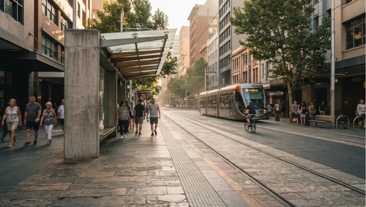 Summary view of street-level heat scene, late afternoon, reflective paving and sparse canopy from Urban Heat Island, a Nuvira Space concept study. Architectural photograph. Materials in view include the project's principal cladding and structural surfaces.
