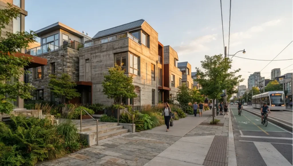 Exterior view of courtyard court or fourplex streetscape, soft daylight, house-scale massing from Missing Middle Housing, a Nuvira Space concept study. Tilt-shift architectural photograph in low golden-hour light. Materials in view include the project's principal cladding and structural surfaces.