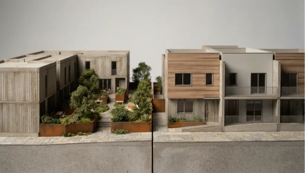 Detail view of typology comparison elevation or courtyard plan detail from Missing Middle Housing, a Nuvira Space concept study. Architectural detail photographed in diffuse light. Materials in view include the project's principal cladding and structural surfaces.Detail view of typology comparison elevation or courtyard plan detail from Missing Middle Housing, a Nuvira Space concept study. Architectural detail photographed in diffuse light. Materials in view include the project's principal cladding and structural surfaces.