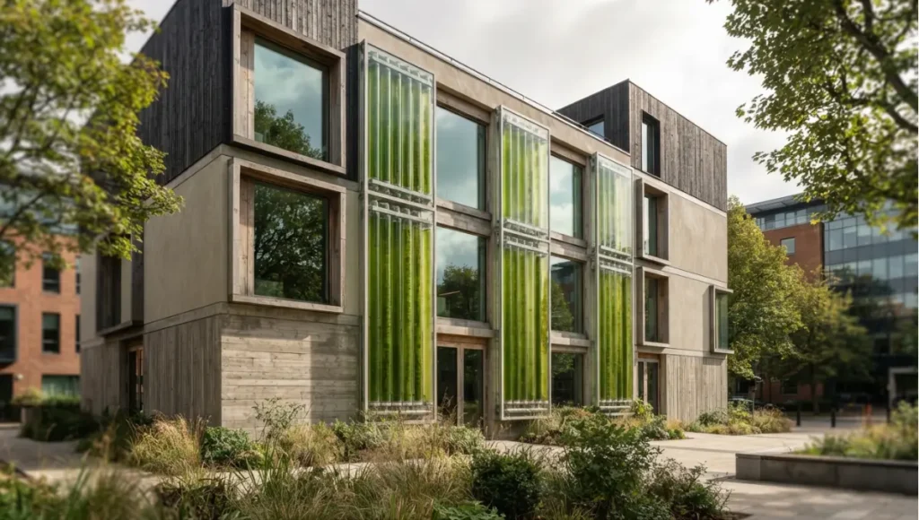 Summary view of photobioreactor panels with visible culture on a facade from 6 Algae Bio-Curtains Revolutionizing Modern Glass Facades, a Nuvira Space concept study. Architectural photograph. Materials in view include the project's principal cladding and structural surfaces.