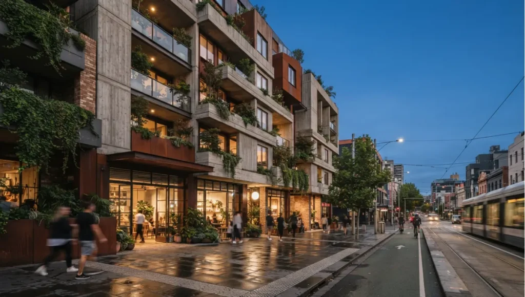 Projected 2030 view of 2030+ reformed residential block at twilight from Missing Middle Housing, a Nuvira Space concept study. Wide twilight architectural view. Materials in view include the project's principal cladding and structural surfaces.