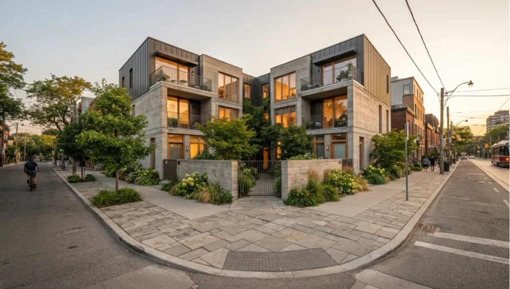 Nuvira Space concept view of courtyard court or fourplex streetscape, soft daylight, house-scale massing from Missing Middle Housing. Tilt-shift architectural photograph in low golden-hour light. Materials in view include the project's principal cladding and structural surfaces.