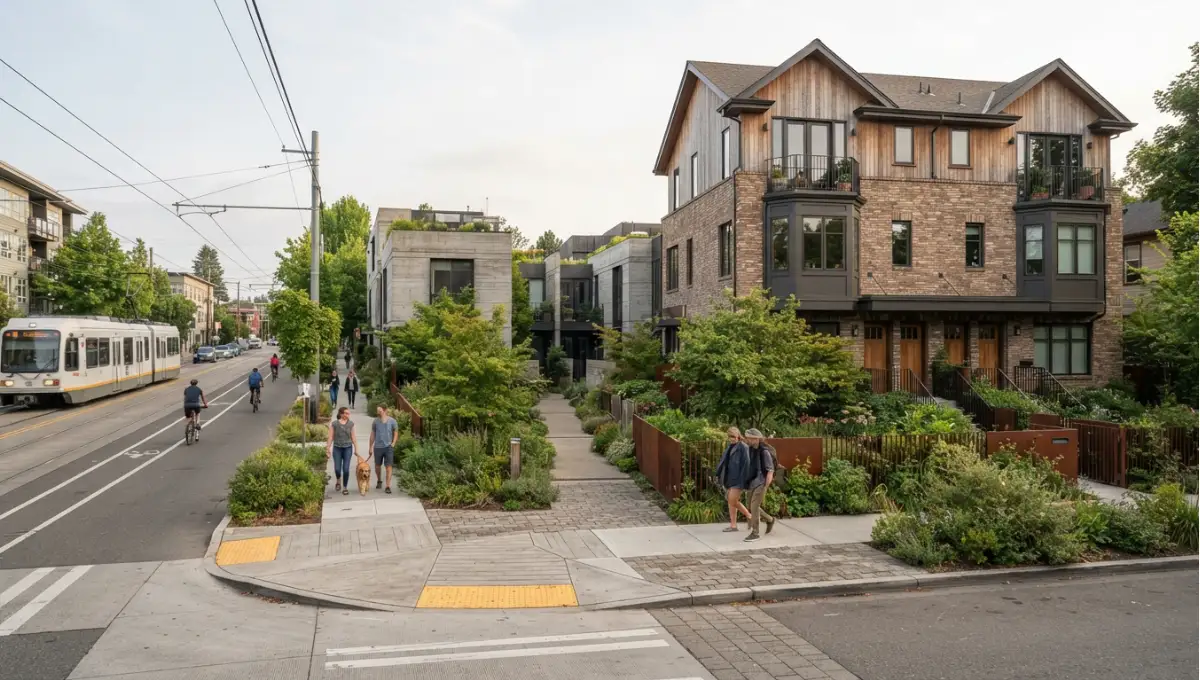 Summary view of courtyard court or fourplex streetscape, soft daylight, house-scale massing from Missing Middle Housing, a Nuvira Space concept study. Architectural photograph. Materials in view include the project's principal cladding and structural surfaces.