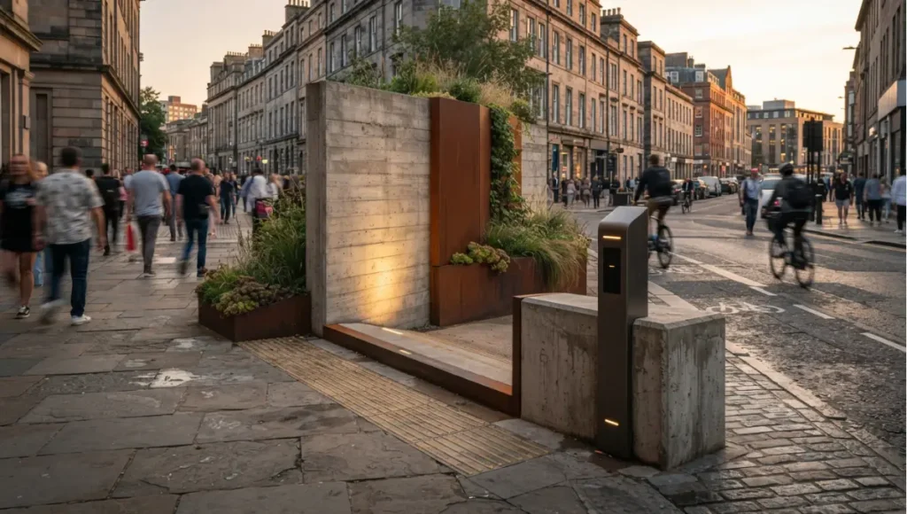 Exterior view of cordon boundary or charging point at dusk, street-level from Congestion Pricing & Low-Emission Zones Explained, a Nuvira Space concept study. Tilt-shift architectural photograph in low golden-hour light. Materials in view include the project's principal cladding and structural surfaces.
