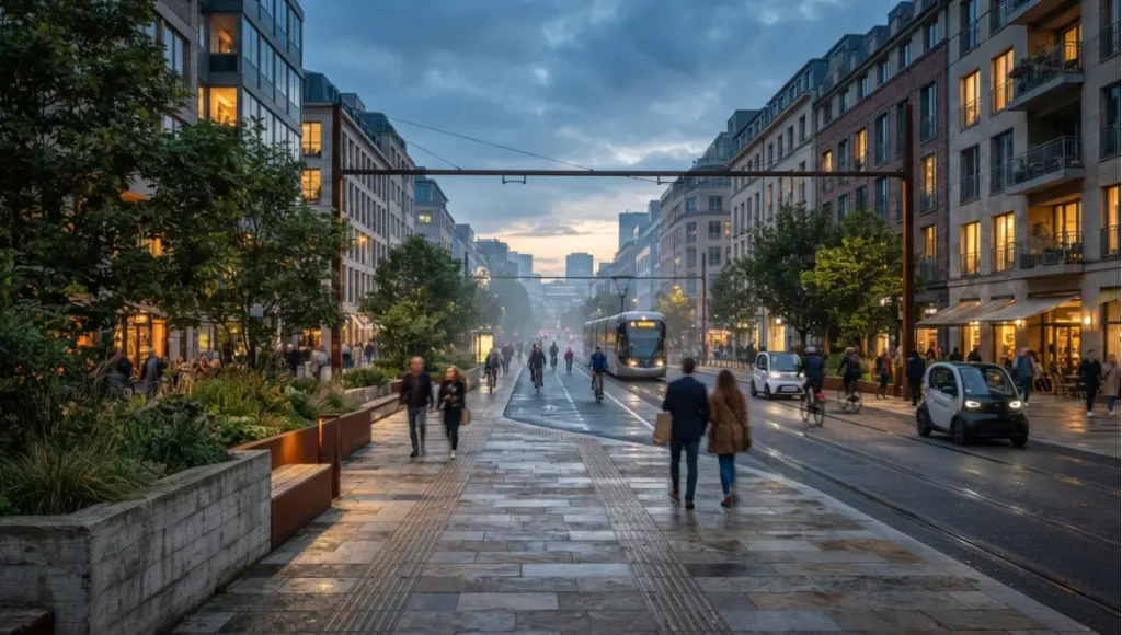 Projected 2030 view of 2030+ priced-access corridor at twilight from Congestion Pricing & Low-Emission Zones Explained, a Nuvira Space concept study. Wide twilight architectural view. Materials in view include the project's principal cladding and structural surfaces.