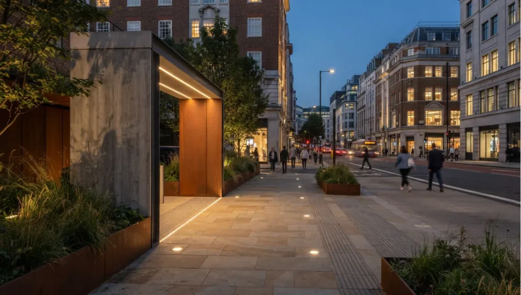 Nuvira Space concept view of cordon boundary or charging point at dusk, street-level from Congestion Pricing & Low-Emission Zones Explained. Tilt-shift architectural photograph in low golden-hour light. Materials in view include the project's principal cladding and structural surfaces.Nuvira Space concept view of cordon boundary or charging point at dusk, street-level from Congestion Pricing & Low-Emission Zones Explained. Tilt-shift architectural photograph in low golden-hour light. Materials in view include the project's principal cladding and structural surfaces.