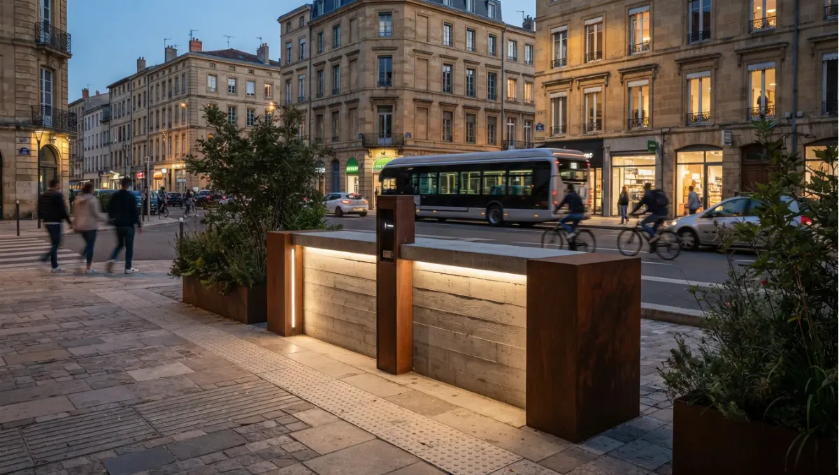 Summary view of cordon boundary or charging point at dusk, street-level from Congestion Pricing & Low-Emission Zones Explained, a Nuvira Space concept study. Architectural photograph. Materials in view include the project's principal cladding and structural surfaces.