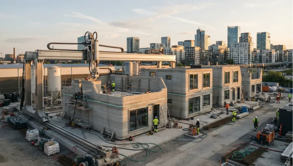 Exterior view of neighbourhood under construction, gantry and layered walls from 7 Breakthrough 3D Printed Neighborhoods, a Nuvira Space concept study. Tilt-shift architectural photograph in low golden-hour light. Materials in view include the project's principal cladding and structural surfaces.