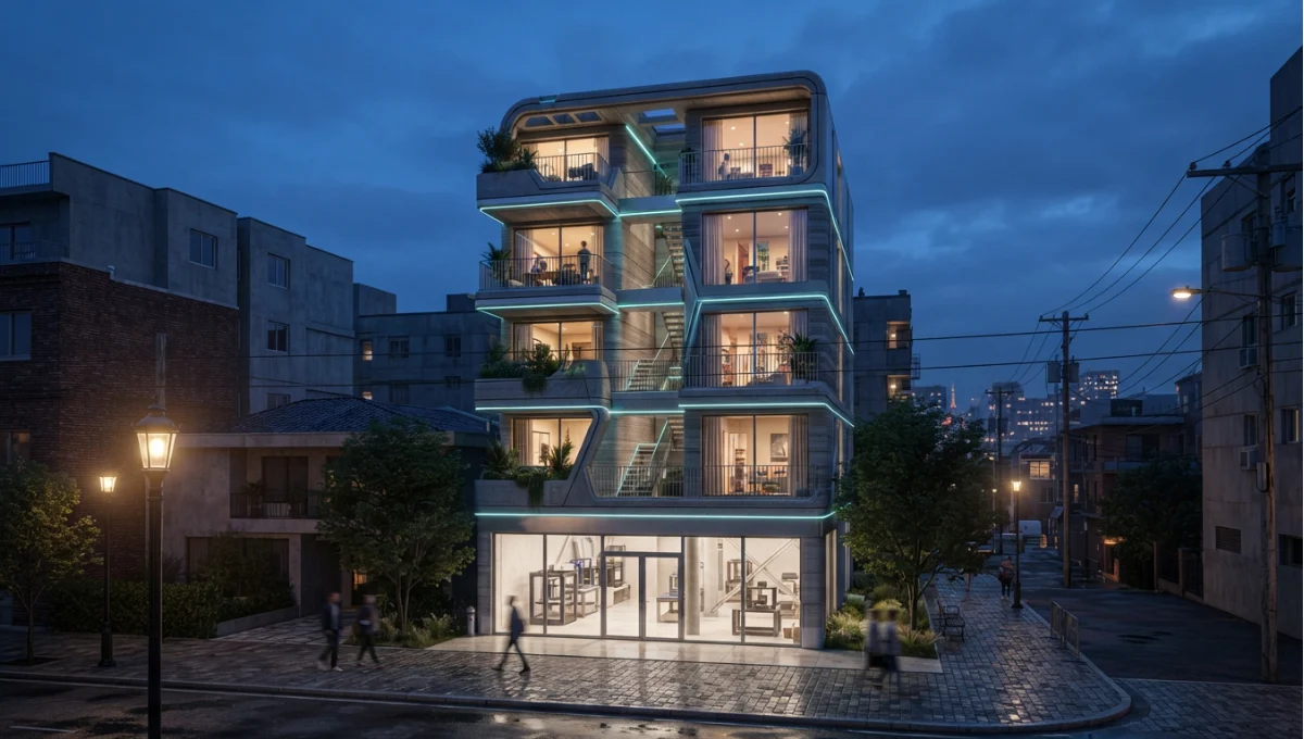 Projected 2030 view of 2030+ small-scale printing on a constrained infill parcel from 7 Breakthrough 3D Printed Neighborhoods, a Nuvira Space concept study. Wide twilight architectural view. Materials in view include the project's principal cladding and structural surfaces.