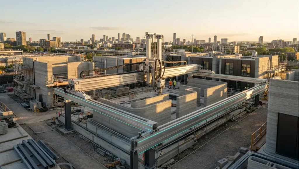 Nuvira Space concept view of neighbourhood under construction, gantry and layered walls from 7 Breakthrough 3D Printed Neighborhoods. Tilt-shift architectural photograph in low golden-hour light. Materials in view include the project's principal cladding and structural surfaces.