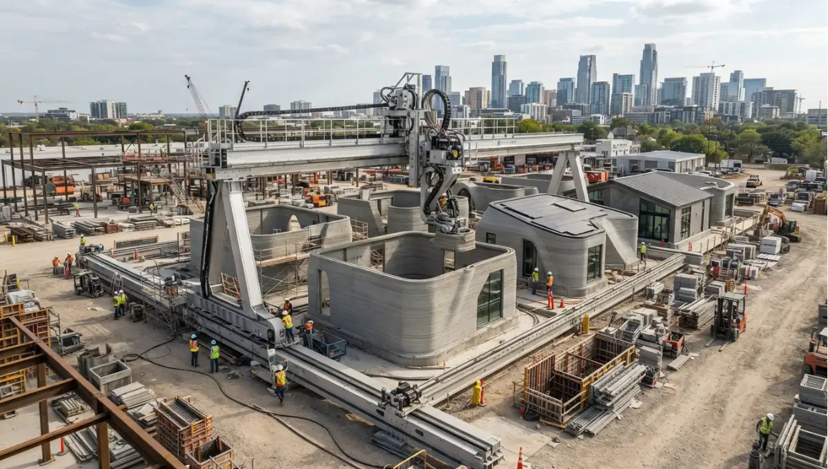 Summary view of neighbourhood under construction, gantry and layered walls from 7 Breakthrough 3D Printed Neighborhoods, a Nuvira Space concept study. Architectural photograph. Materials in view include the project's principal cladding and structural surfaces.