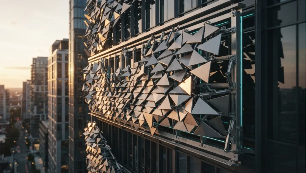 Exterior view of kinetic screen mid-cycle on a building at dusk from 7 Kinetic Architecture Facades, a Nuvira Space concept study. Tilt-shift architectural photograph in low golden-hour light. Materials in view include the project's principal cladding and structural surfaces.