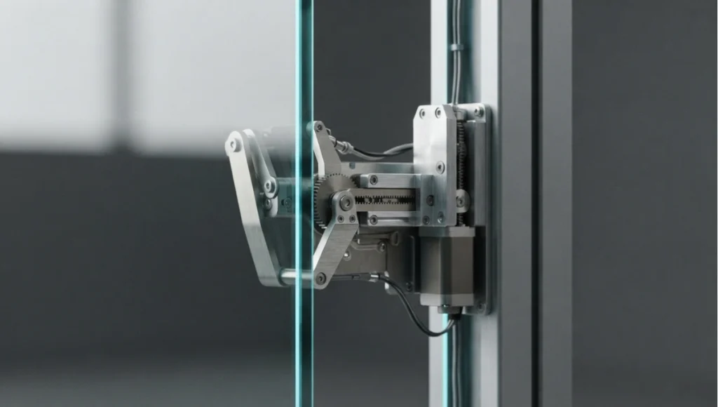 Detail view of servo or actuator detail at a facade unit from 7 Kinetic Architecture Facades, a Nuvira Space concept study. Architectural detail photographed in diffuse light. Materials in view include the project's principal cladding and structural surfaces.