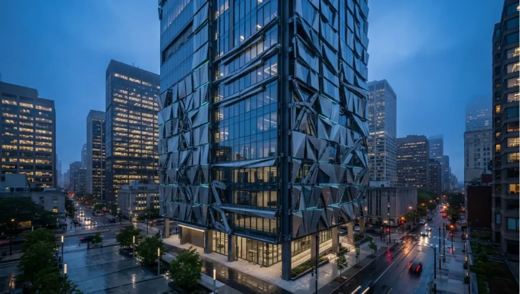 Projected 2030 view of facade returned to a static state, or a service access operation at height from 7 Kinetic Architecture Facades, a Nuvira Space concept study. Wide twilight architectural view. Materials in view include the project's principal cladding and structural surfaces.
