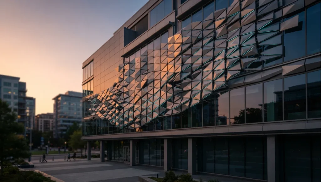 Nuvira Space concept view of kinetic screen mid-cycle on a building at dusk from 7 Kinetic Architecture Facades. Tilt-shift architectural photograph in low golden-hour light. Materials in view include the project's principal cladding and structural surfaces.