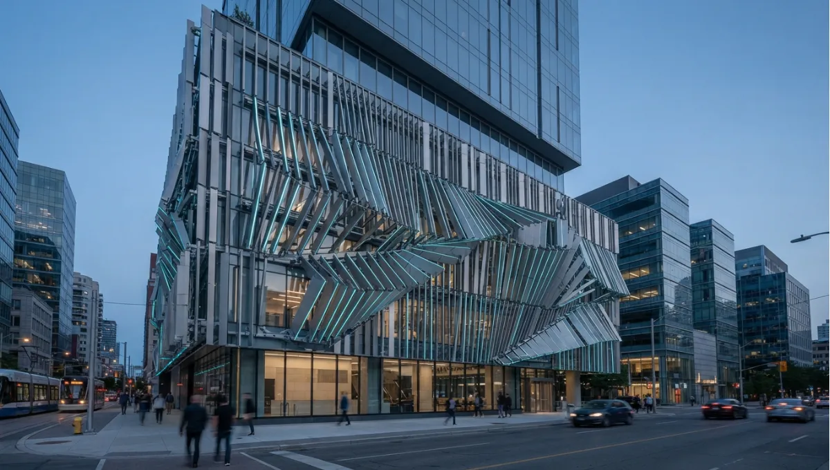 Summary view of kinetic screen mid-cycle on a building at dusk from 7 Kinetic Architecture Facades, a Nuvira Space concept study. Architectural photograph. Materials in view include the project's principal cladding and structural surfaces.