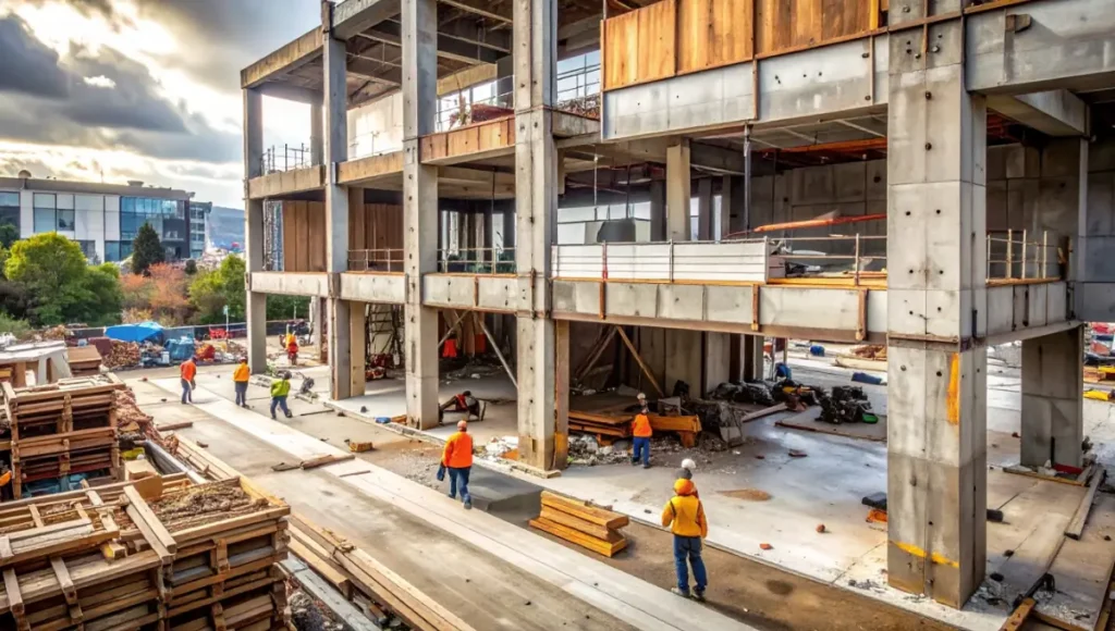Ultra-realistic architectural photography of circular construction deconstruction site with 24mm tilt-shift lens, featuring workers disassembling modular timber and steel components with sharp focus on reclaimed oak textures, brushed brass fixings, and geopolymer concrete under diffused overcast lighting, emphasizing sustainable Design for Disassembly strategies in regenerative infrastructure.