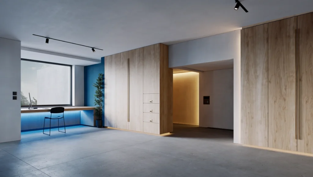 Serene 20sqm micro-apartment interior with deep perimeter walls, central empty void, circadian light gradient, raw concrete floor, weathered oak, and brushed brass details—neuro-architecture design optimizing cognitive ease and flow state in compact minimalist urban living.