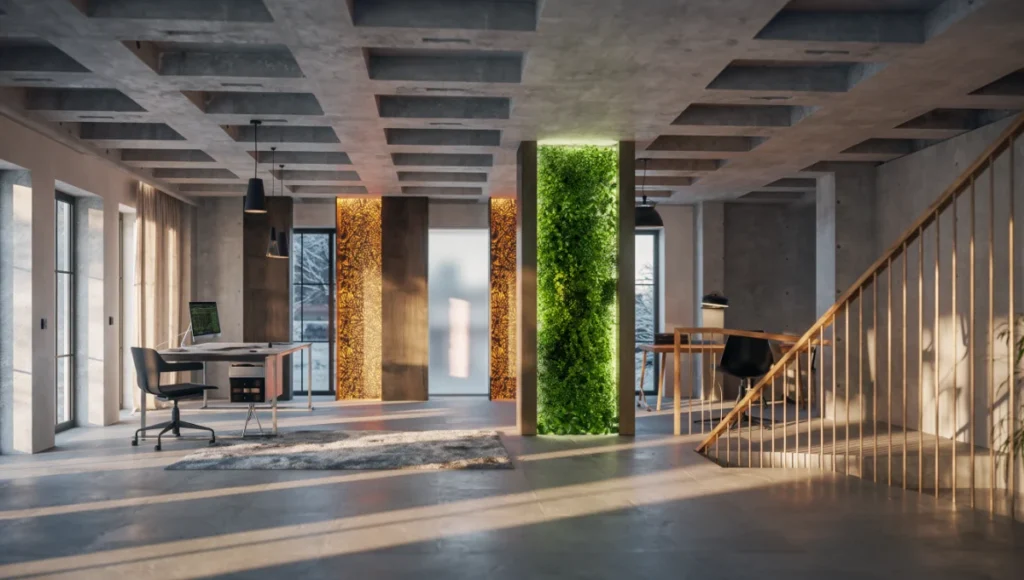 Nuvira Space AUREA-20 speculative 20sqm micro-apartment in Copenhagen featuring robotic bed-to-desk morphing monolith, vertical hydroponic Green Lung column, mycelium acoustic panels, weathered oak, brushed brass, and raw concrete—proprietary kinetic neuro-architecture for biological sovereignty and cognitive optimization in urban micro-living.